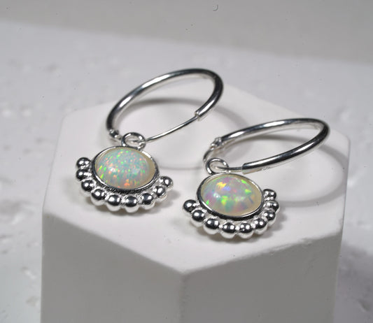 925 Sterling Silver Creole Earring with Opal and Silver Adornment