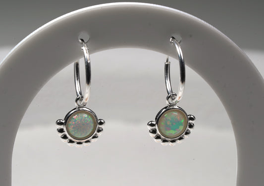 925 Sterling Silver Creole Earring with Opal and Silver Adornment