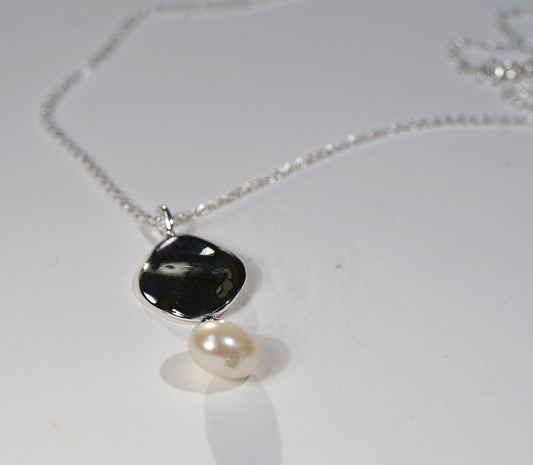 925 Sterling Silver Necklace with Free Form Silver and Pearl Pendant - Griha Threads & Treasure
