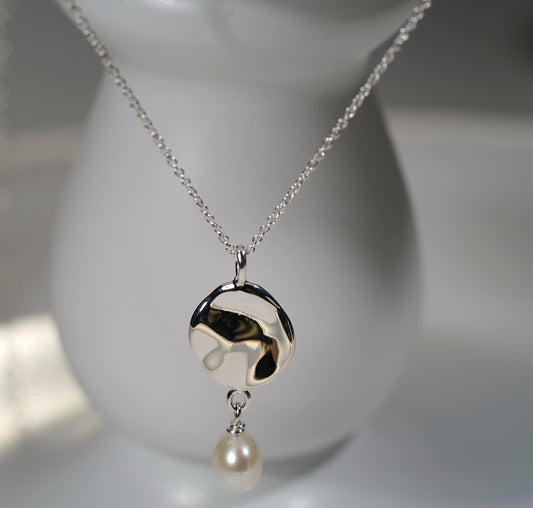 925 Sterling Silver Necklace with Free Form Silver and Pearl Pendant - Griha Threads & Treasure