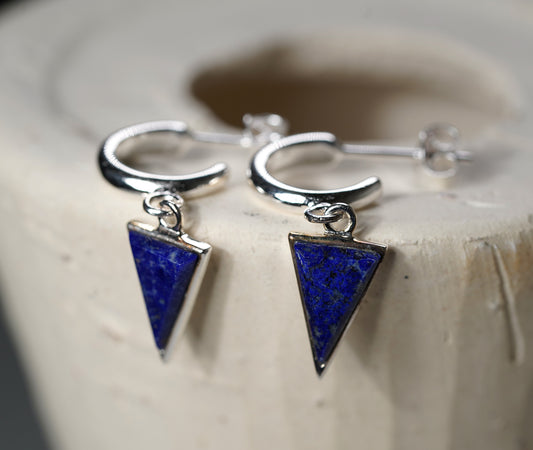 Sterling Silver C Style Earring with Triangle- Lapis stone