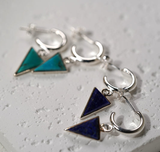 Sterling Silver C Style Earring with Triangle- Available with Turquoise or Lapis Stone