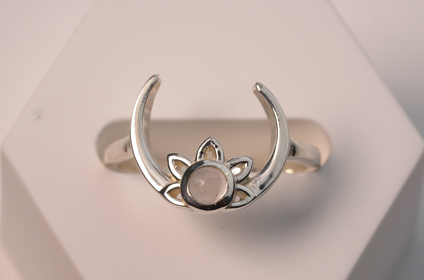 925 Sterling Silver Crescent Moon with Lotus Moonstone Ring