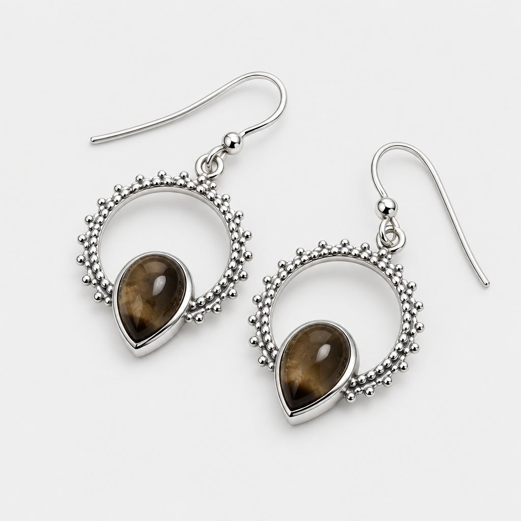 925 Sterling Silver Detailed Circle Smokey Quartz Drop Earrings