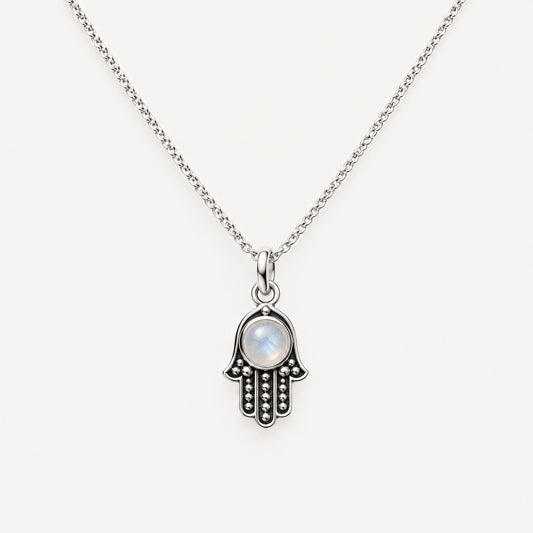 925 Sterling Silver Moonstone Hamsa Pendant On Chain Necklace