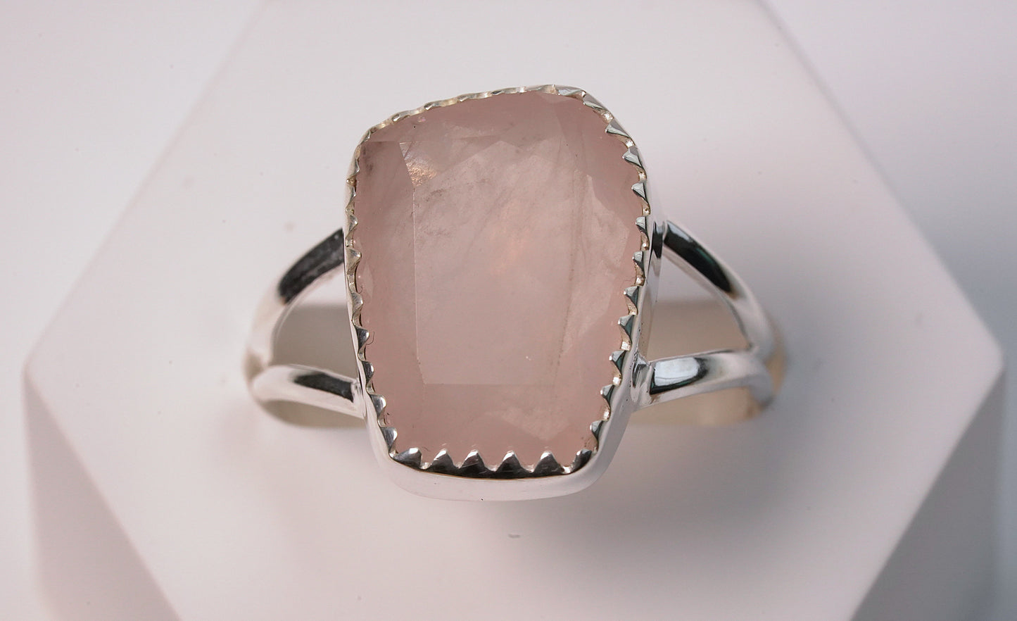 925 Sterling Silver with Cut Rose Quartz Ring