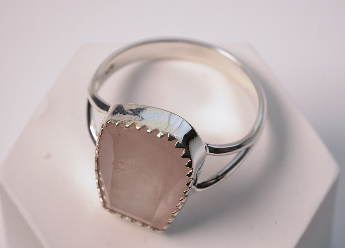 925 Sterling Silver with Natural Cut Rose Quartz Ring