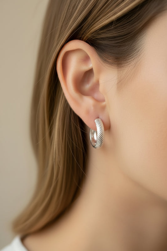 Silver Textured Hoop Earring - Griha Threads & Treasure