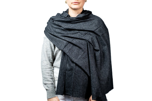 Person wearing a dark gray scarf on a white background