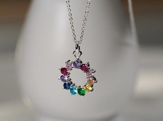 925 Sterling Silver Necklace with Round Multicolour Cubic Zirconia Stone Pendant