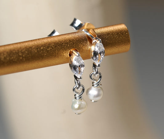 925 Sterling Silver Stud Marquise Earring with Pearl and Cubic Zirconia