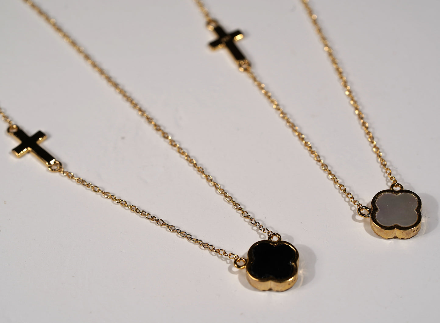 Gold Plated Sterling Silver Clove Necklace with Cross- Available in Black Onyx or White Mother of Pearl