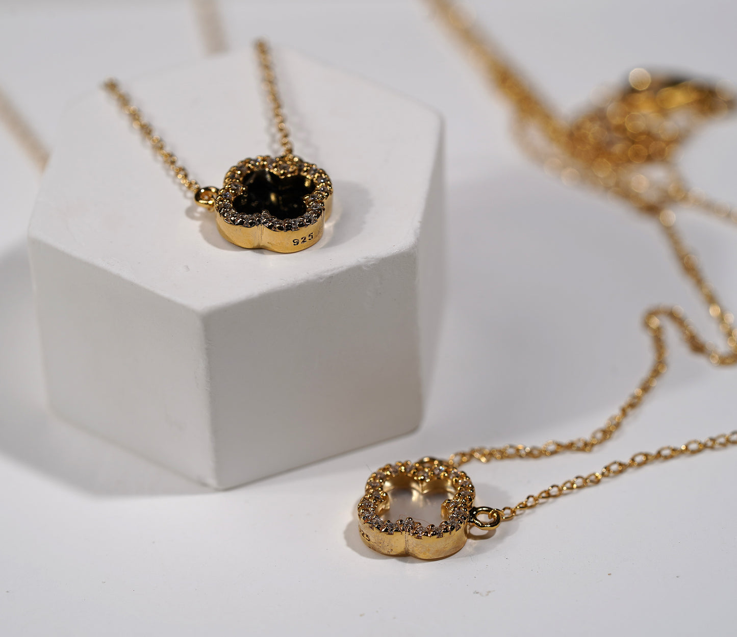 Gold Plated Sterling Silver Clove Necklace with Cross- Available in Black Onyx or White Mother of Pearl