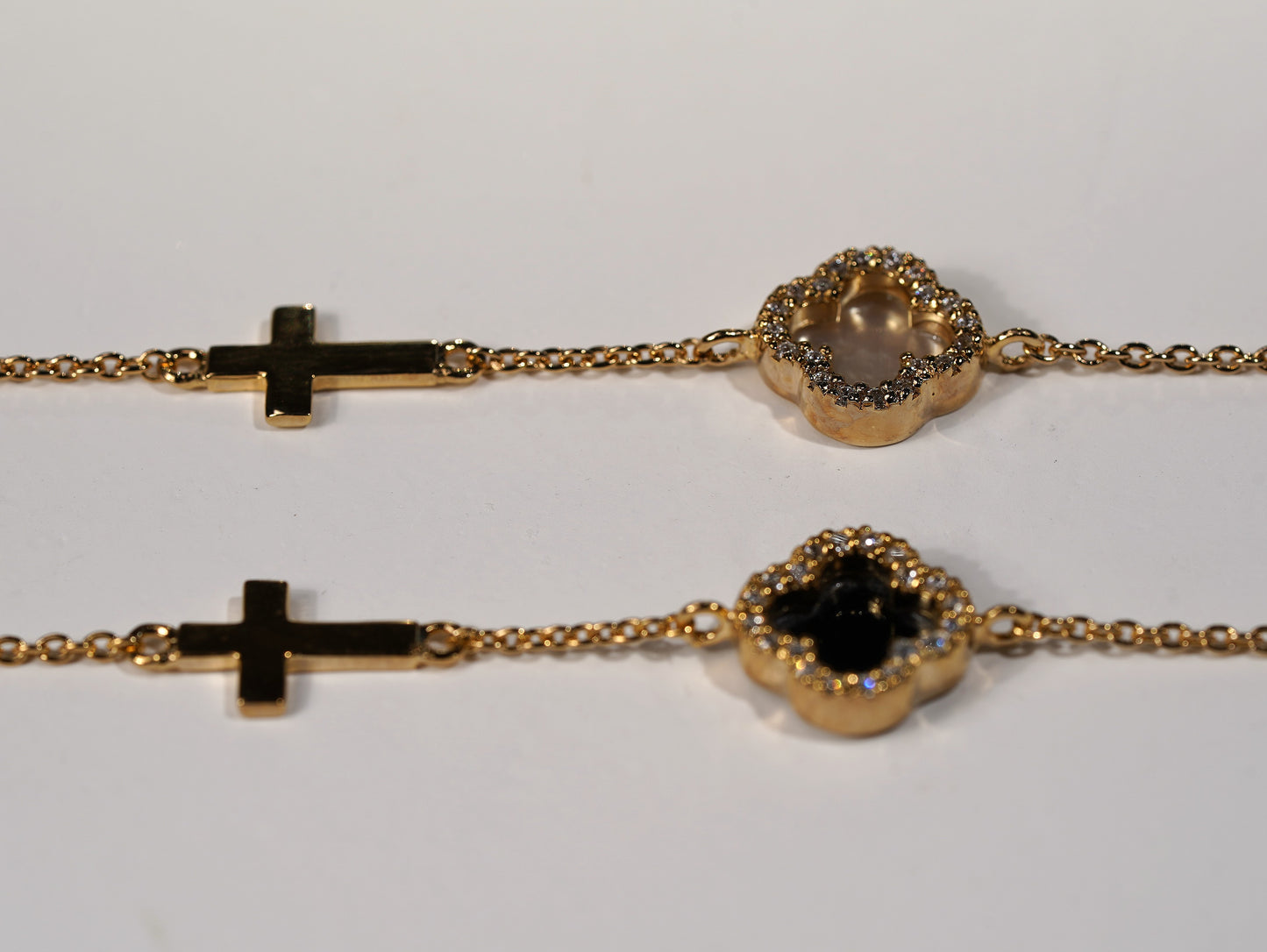 Gold Plated Sterling Silver Clover Bracelet with Cross- Available in Black Onyx or White Mother of Pearl