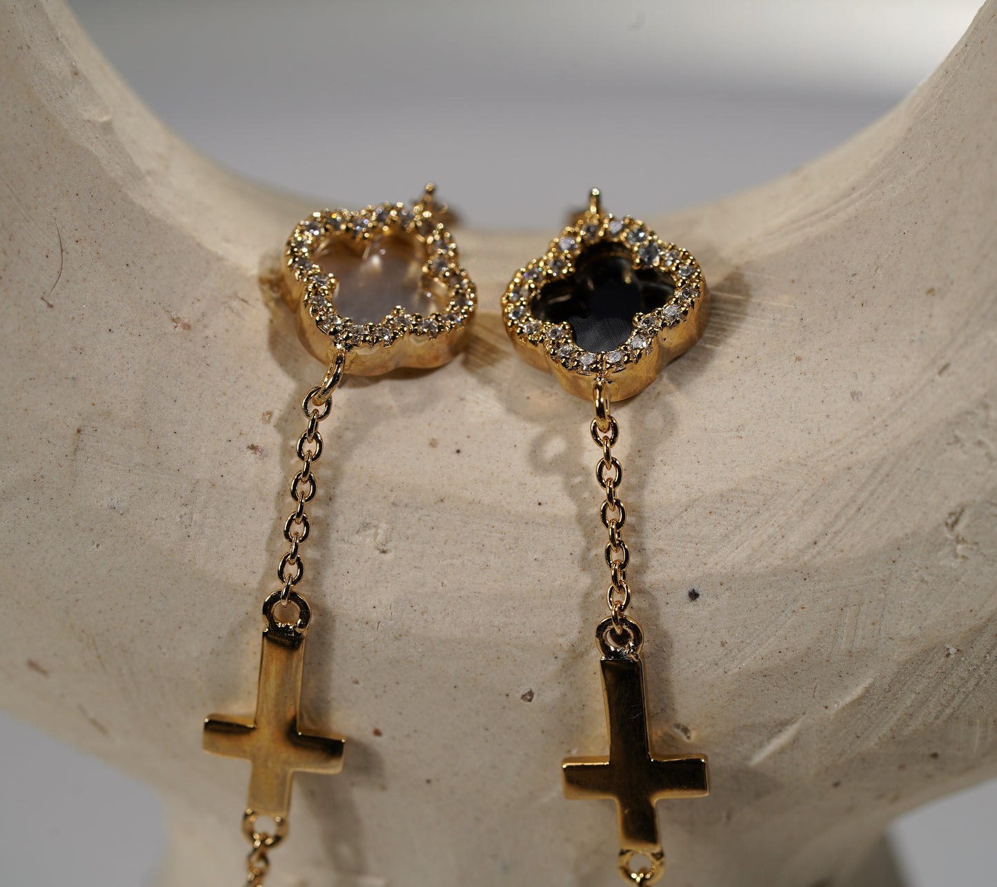 Gold Plated Sterling Silver Clover Bracelet with Cross- Available in Black Onyx or White Mother of Pearl