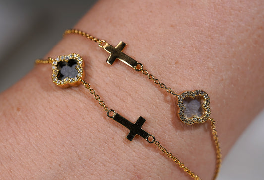 Gold Plated Sterling Silver Clover Bracelet with Cross- Available in Black Onyx or White Mother of Pearl