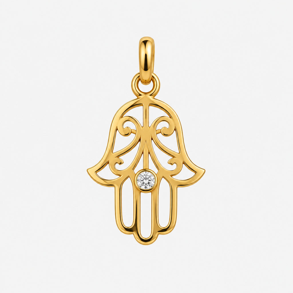 Gold Plated Sterling Silve Hamsa Pendant with Cubic Zirconia