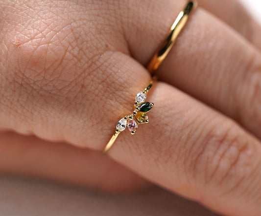 Gold Plated Sterling Silver Ring with Colourful Cubic Zirconia Flower