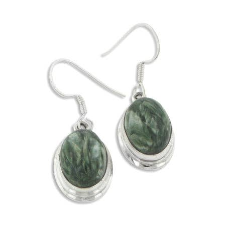 Green Seraphinite Oval Genuine Gemstone Sterling Silver Earrings