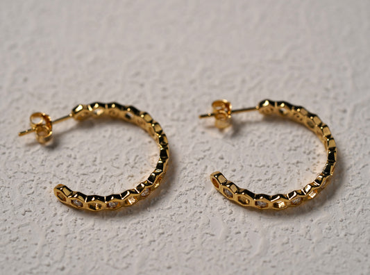 Gold Plated Honeycomb Hoop Earrings with Cubic Zirconia
