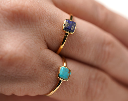 Gold Plated Sterling Silver Petite Square Lapis Stone Ring. Available in Lapis and Turquoise Model Hand