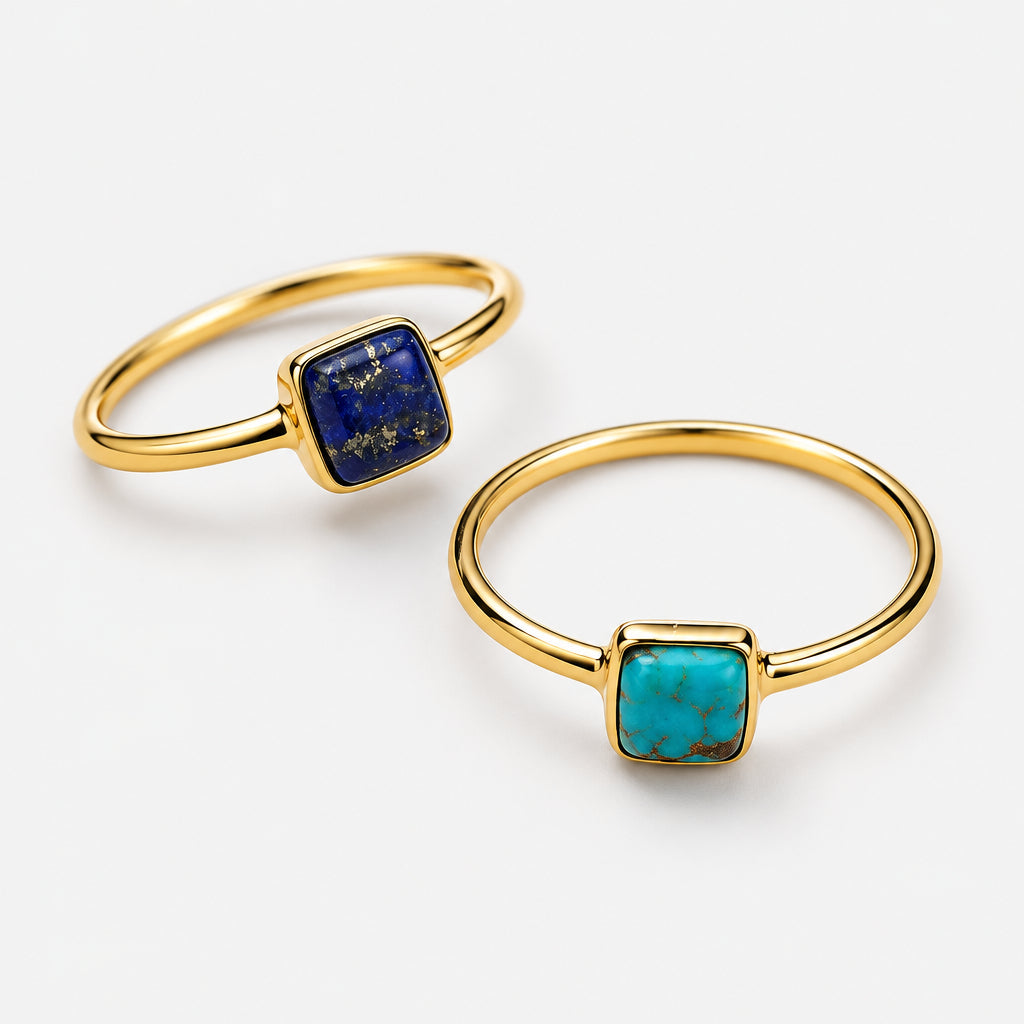 Gold Plated Sterling Silver Petite Square Lapis Stone Ring. Available in Lapis and Turquoise Model Hand
