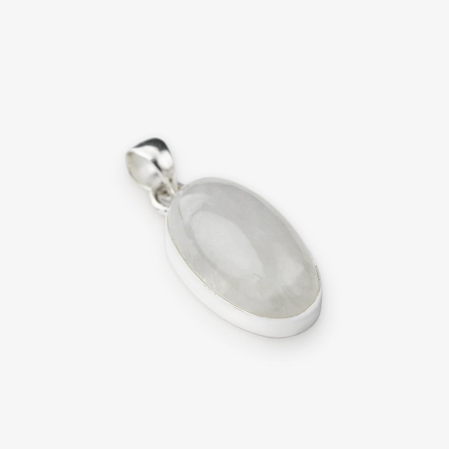 An oval pendant featuring a milky white translucent moonstone set in a polished silver bezel and bail, shown on a clean white background.