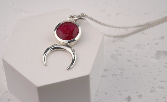Natural Red Onyx Stone and Silver Moon Pendant - 925 Sterling Silver