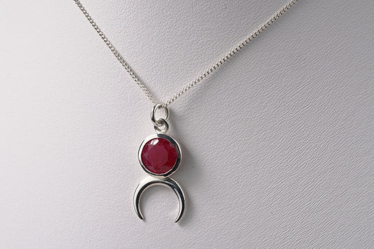 Natural Red Onyx Stone and Silver Moon Pendant - 925 Sterling Silver On Chain Necklace