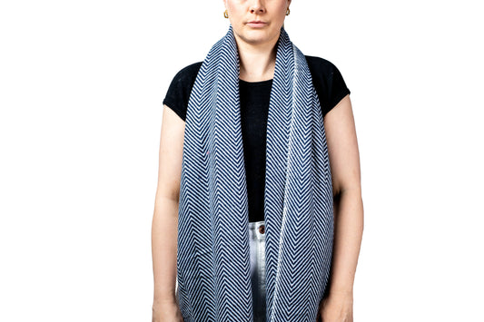 Person wearing a blue and white striped scarf on a white background