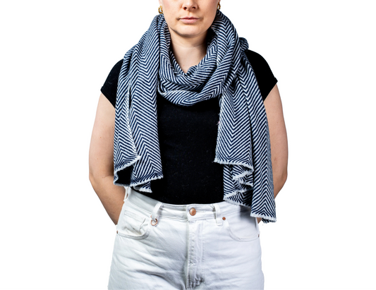 Person wearing a navy blue and white striped scarf on a white background