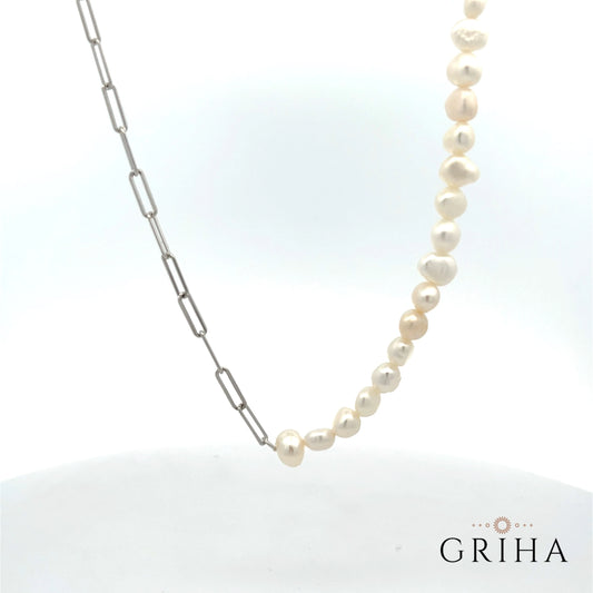 Paperclip Silver Chain & Pearl Necklace