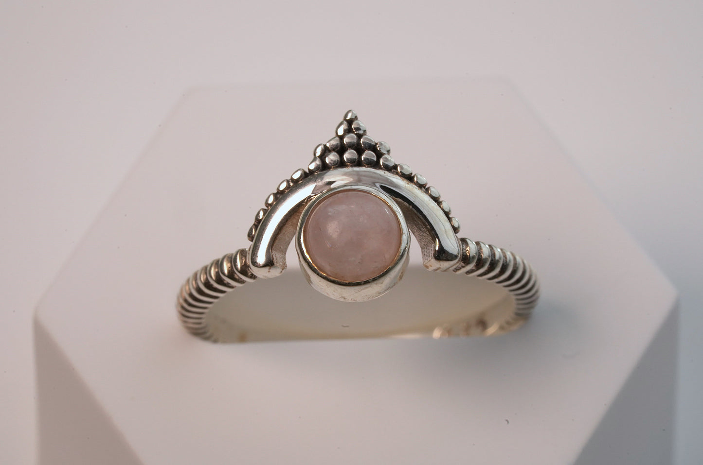 Pink Moonstone Bohemian Style Ring in Sterling Silver