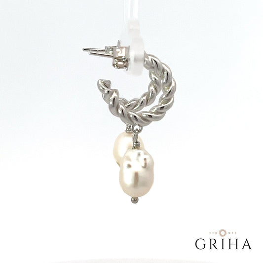 Silver twisted pearl drop earring