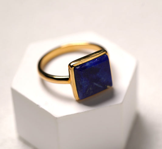 Gold Plated Sterling Silver Large Square Lapis Stone Ring