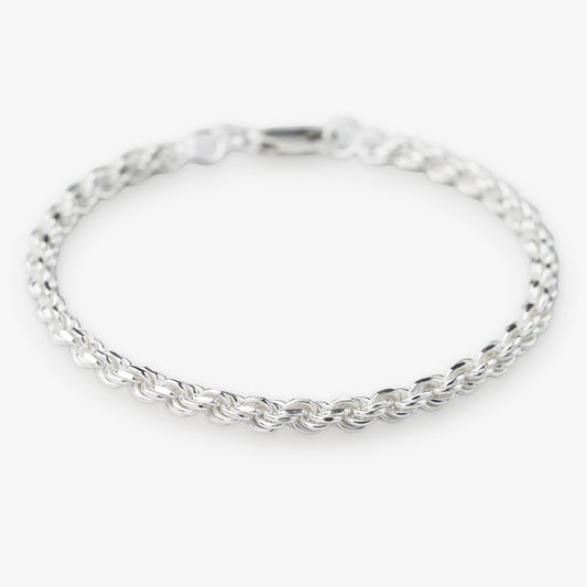 Sterling silver woven rope bracelet 925 silver on white background modern silver jewellery
