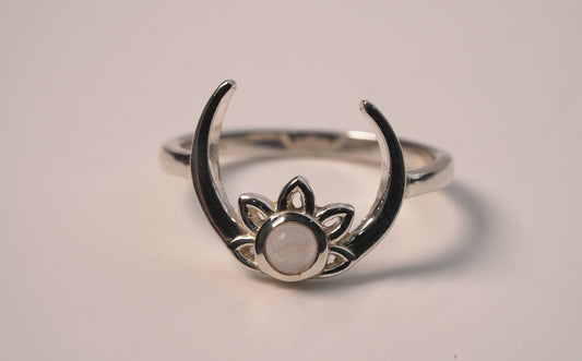 Sterling Silver Crescent Moon with Lotus Moonstone Ring