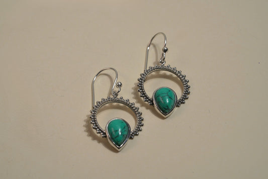 Sterling Silver Detailed Circle Turquoise Drop Earrings