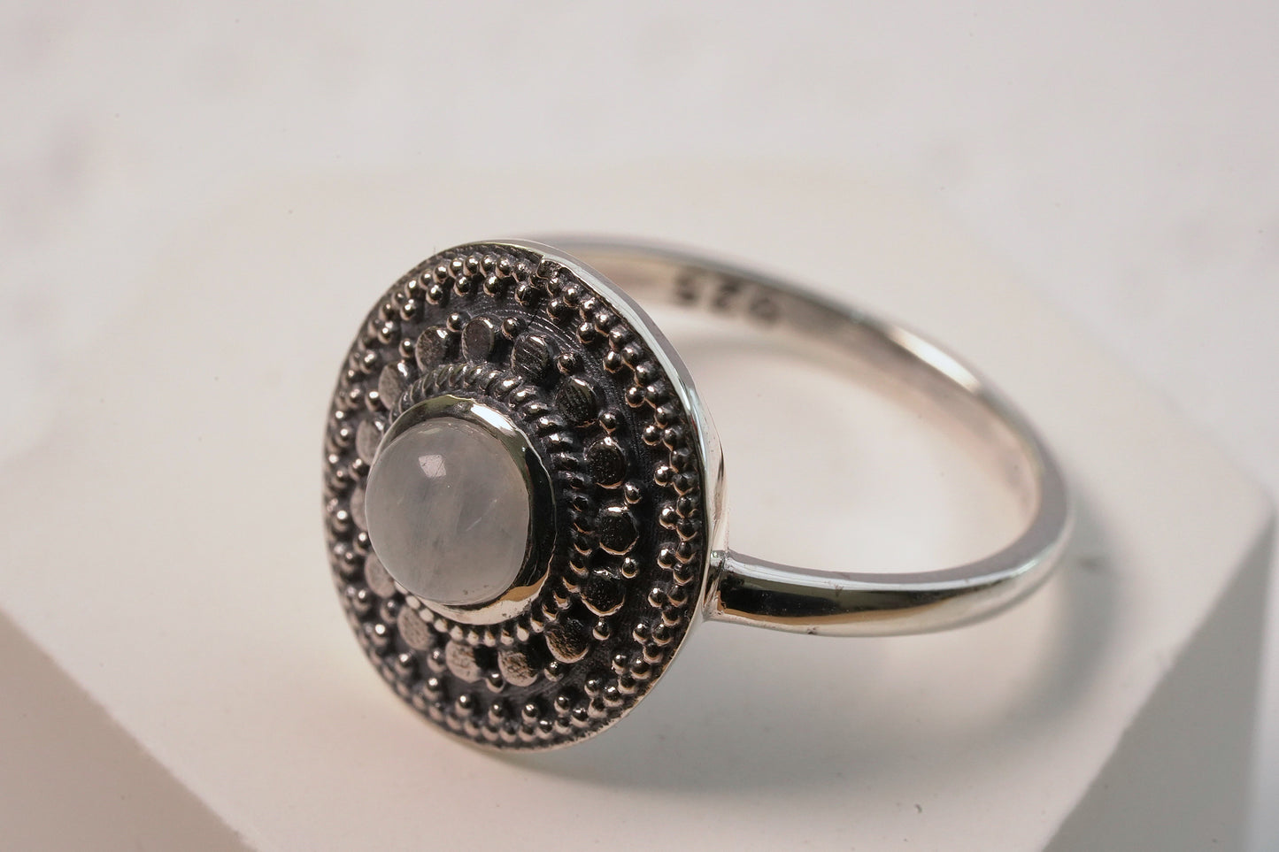 Sterling Silver Mandala Natural White Moonstone Ring