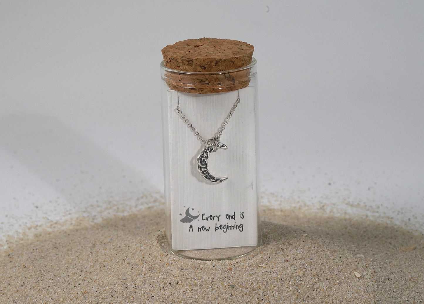 Sterling silver moon necklace in a bottle
