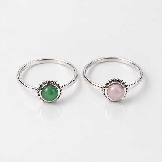 Sterling Silver Petite Jade Ring with Circle Green and Pink Stone