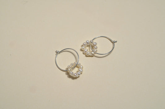 Wire Hoop Silver Earing with Mother of Pearl Beaded Circle - Griha Threads & Treasure