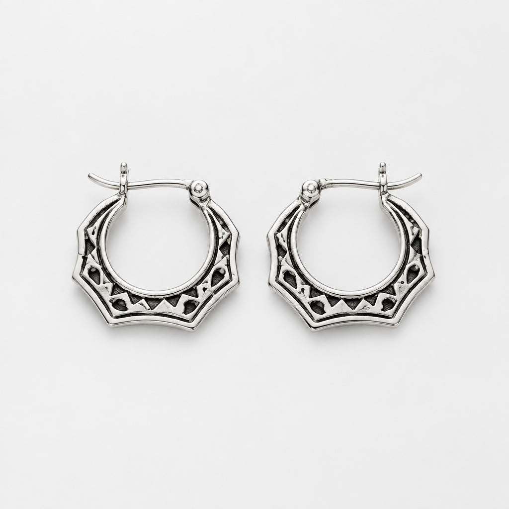 Tribal Inspired Silver Hoop Earrings - Griha Threads & Treasure