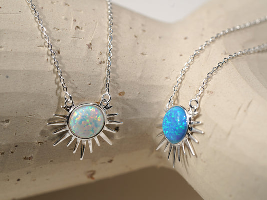 925 Sterling Silver Sunburst Necklace with Blue and White Opal - Griha Threads & Treasure