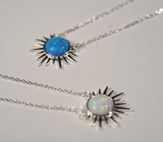 925 Sterling Silver Sunburst Necklace with Blue and White Opal - Griha Threads & Treasure