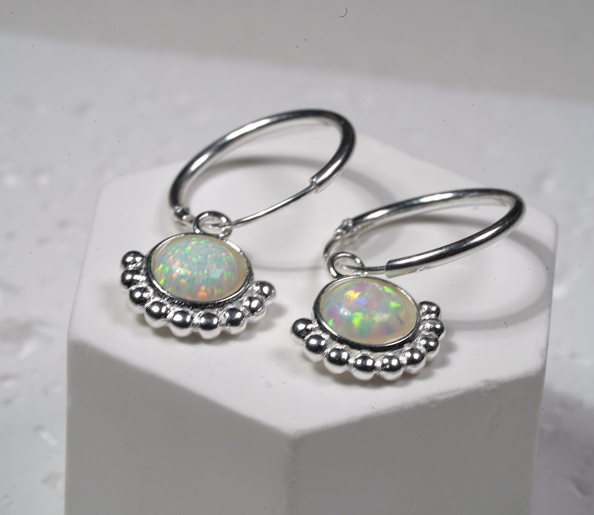 925 Sterling Silver Creole Earring with Opal and Silver Adornment