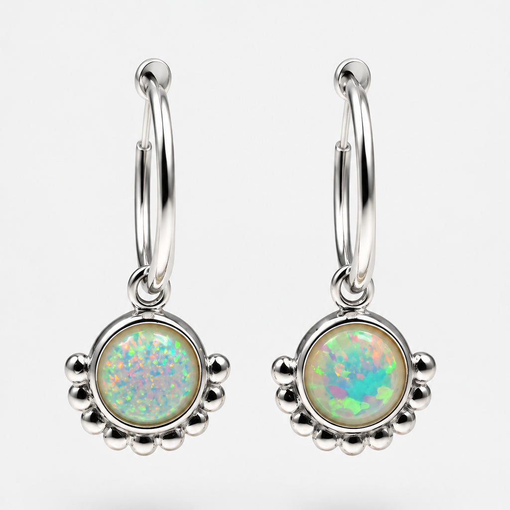 925 Sterling Silver Creole Earring with Opal and Silver Adornment