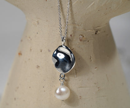 925 Sterling Silver Necklace with Free Form Silver and Pearl Pendant - Griha Threads & Treasure