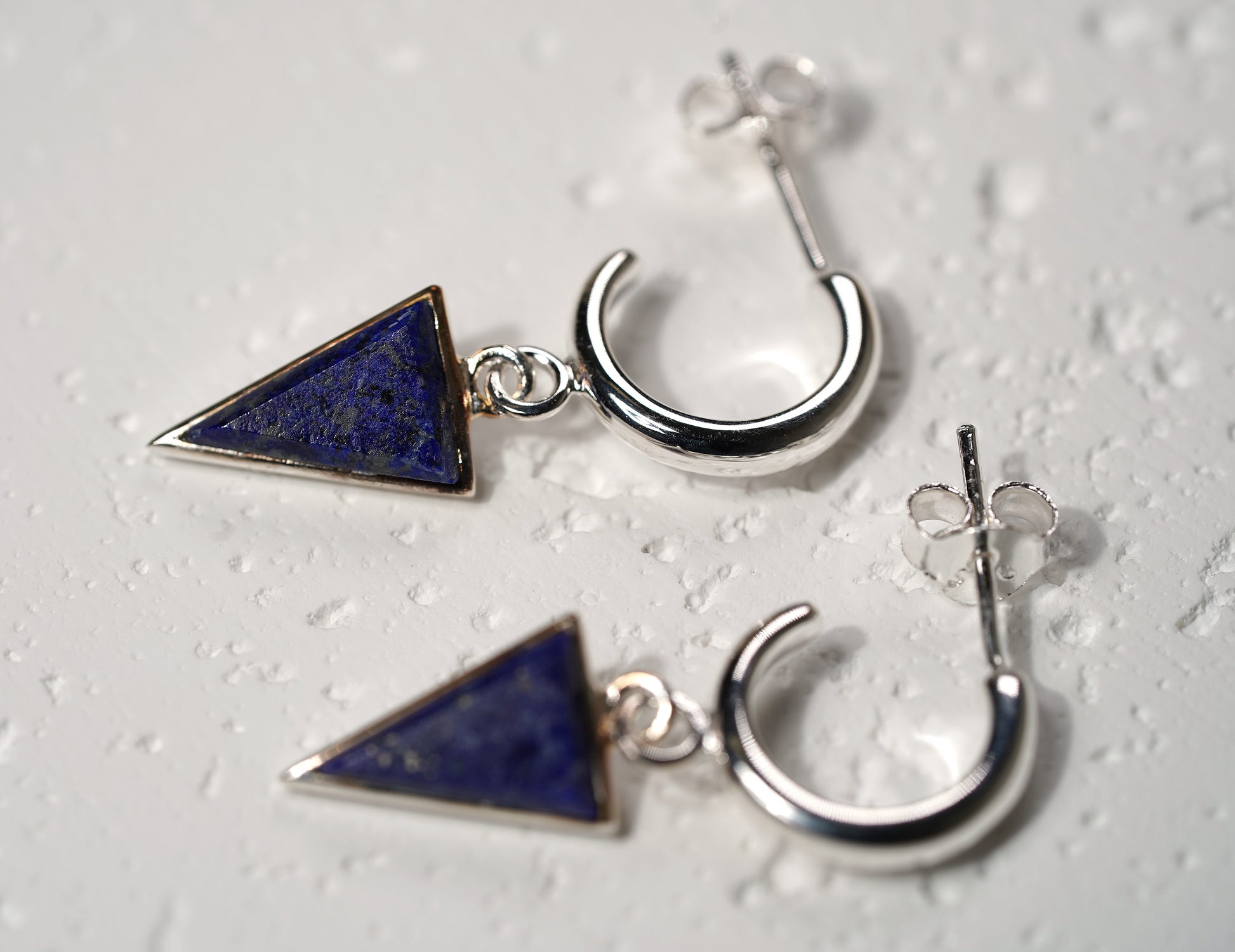 Sterling Silver C Style Earring with Triangle-  Lapis Stone