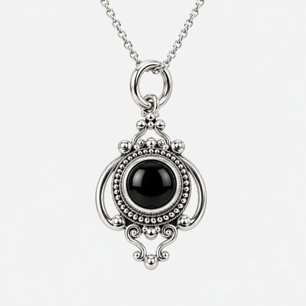 925 Sterling Silver Black Onyx Boho Pendant Necklace